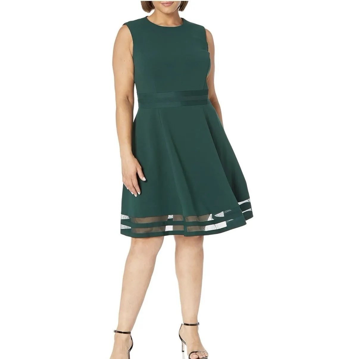 Calvin Klein Green Mesh Illusion Hem Fit Flare Stretch‎ Sleeveless Dress Size 10 - Image 2