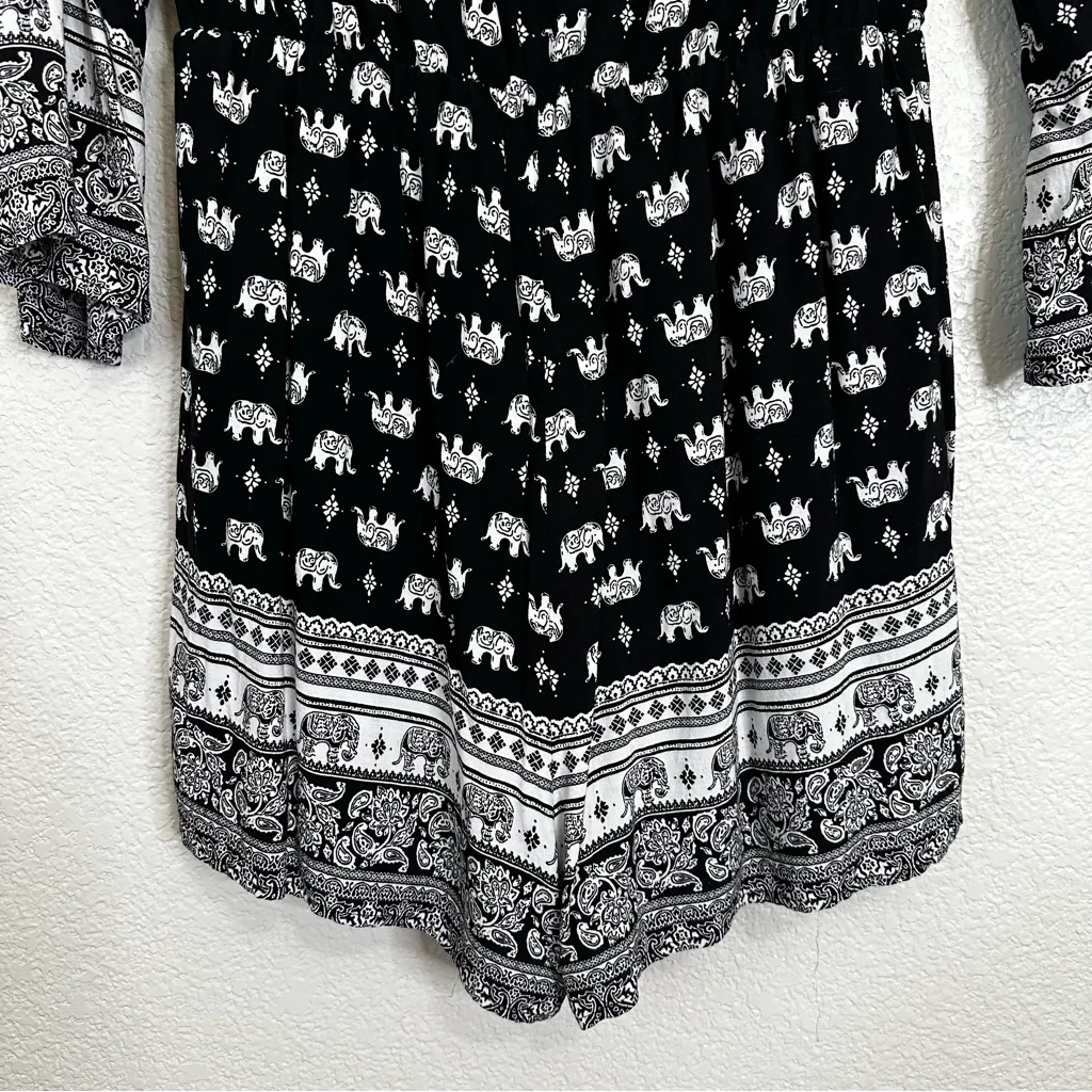 Depri Boho Black White Elephant Off the Shoulder Romper, Sz Medium - Image 8