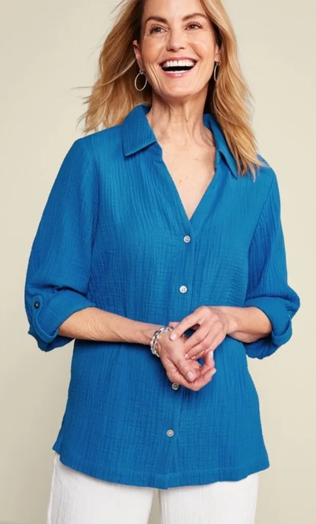 Soft Surroundings Addison Gauze Big Shirt French Blue Button-Down size Small - Image 1