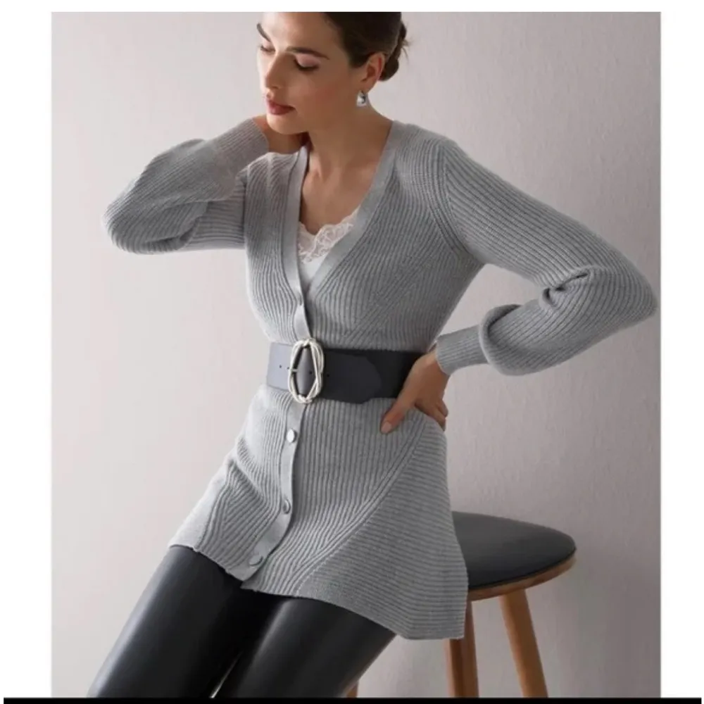 White House black market gray rib knit structured button down cardigan sweater M - Image 3