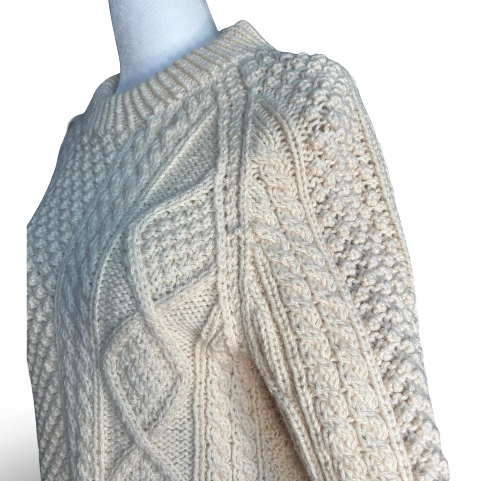 American Vintage Handknit Irish Fisherman Sweater Wool Aran Cable Cream Large Size M - Image 6