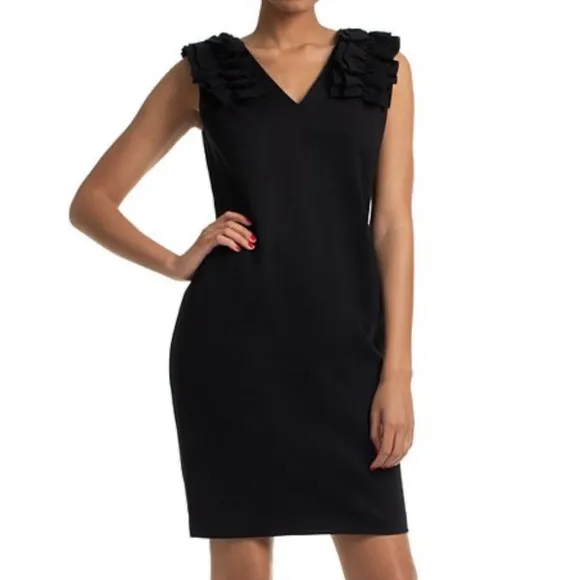 NWT Trina Turk Black Ruffle Sleeve V Neck Sheath Dress 2 - Image 2