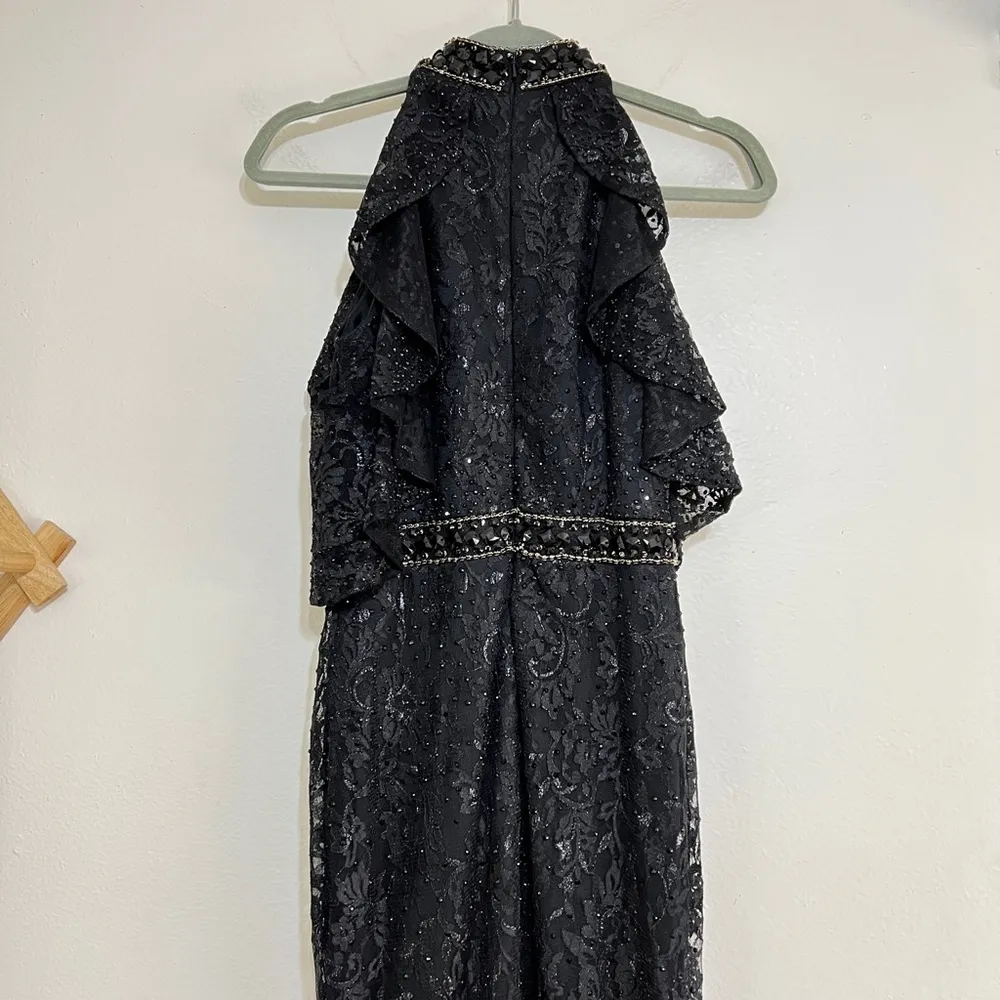 Mac Duggal Cold Shoulder Beaded Halter Neck Waistband Lace Column Gown - Image 8