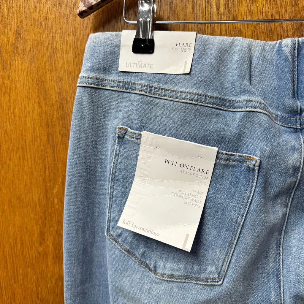 NEW Soft Surroundings Wide Flare Leg Pull On Stretch Jeans Blue Large L NWT - Image 10