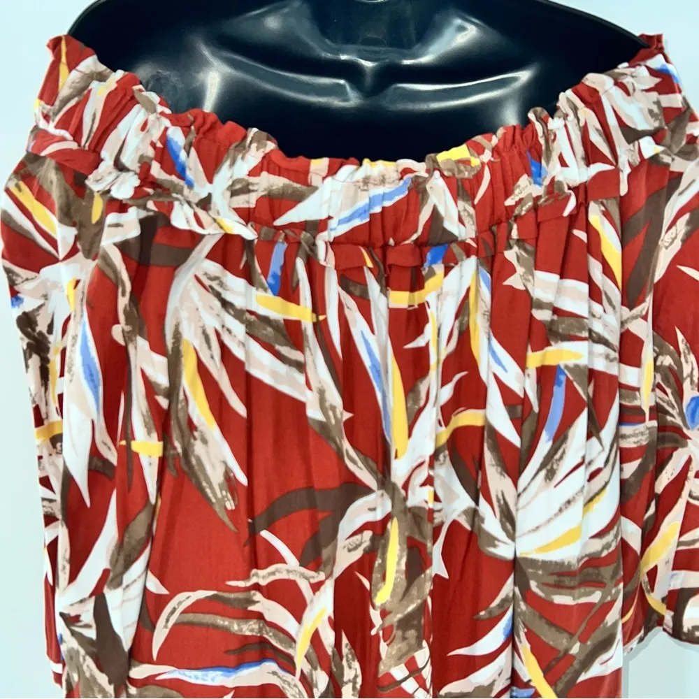 Entro Off the Shoulder Tropical Floral on Rust Swing Dress w/3/4 Sleeves-Size S - Image 6