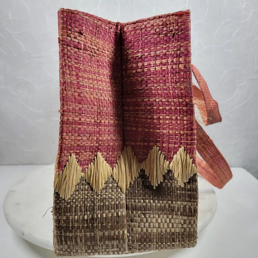 Crossing Pointe Raffia Beach Bag 14" Pink Brown Colorblock Tan Straw Diamond - Image 2