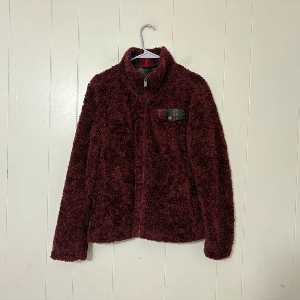 Pendleton Burgundy Fuzzy Sherpa Zip Jacket Plaid Pocket Cozy Fleece Size M - Image 2