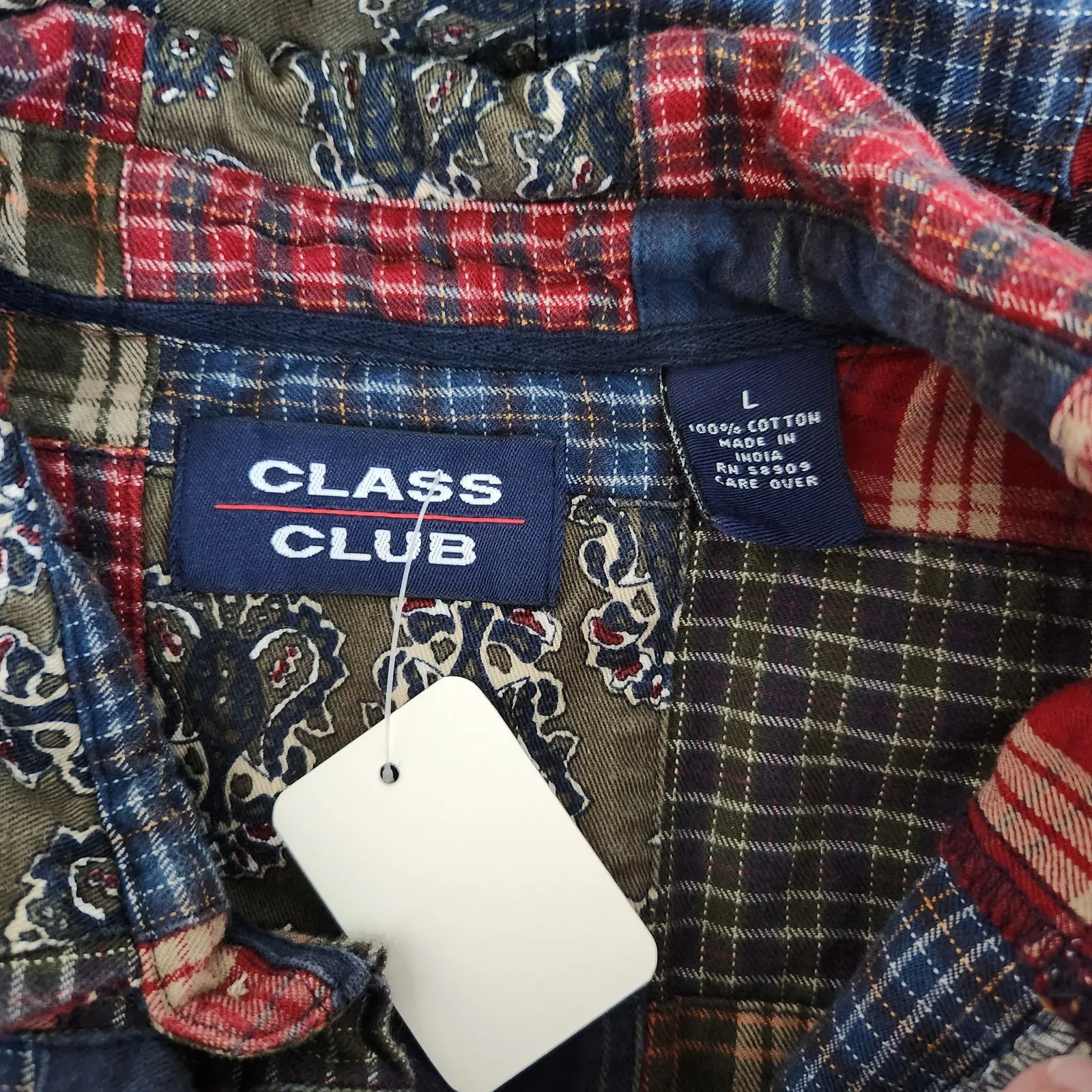Vintage 90s Class Club Patchwork Plaid Bandana Print Cotton Button Down Shirt M Blue Size M - Image 5