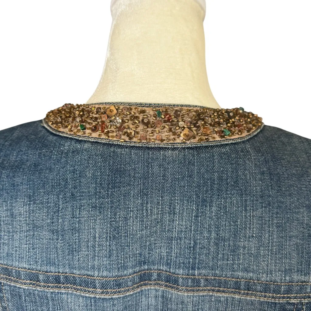 Elie Tahari 3/4 sleeve medium wash blue denim embellished jean jacket XS-S - Image 8
