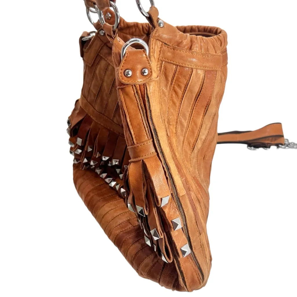 AmeriLeather Tutu Studded Leather Patchwork Shoulder Hobo Bag Brown - Image 5