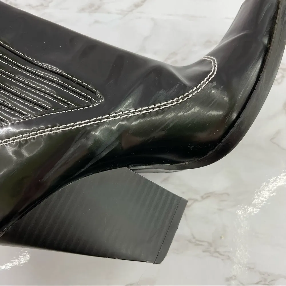 Zara Topstitched Black Patent Leather Western Boots Heeled Square Toe Slip On 5 - Image 8