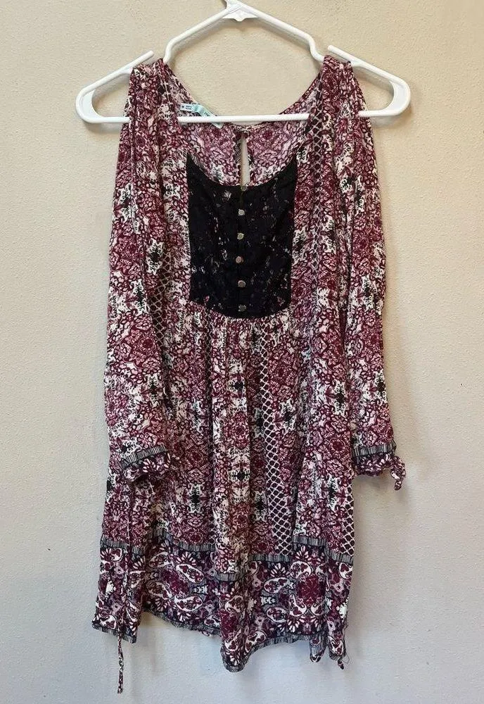Maurices Women’s Burgundy Bohemian Floral Print 3/4 Sleeve Tie Back Mini Dress M - Image 15