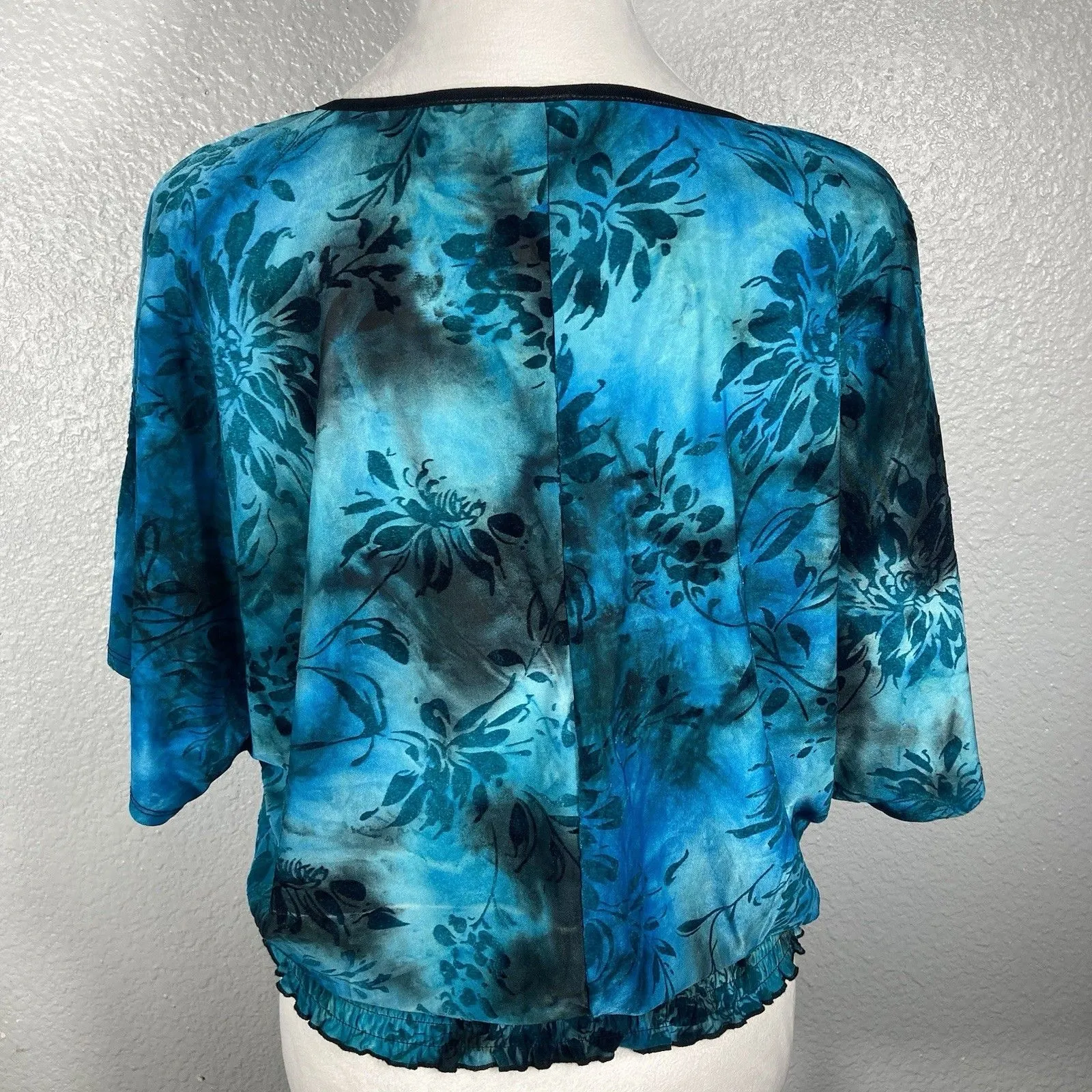 Y2K Top Blouse Velvet Burnout S Floral Blue Black Whimsigoth Fairy Grunge 90s - Image 3