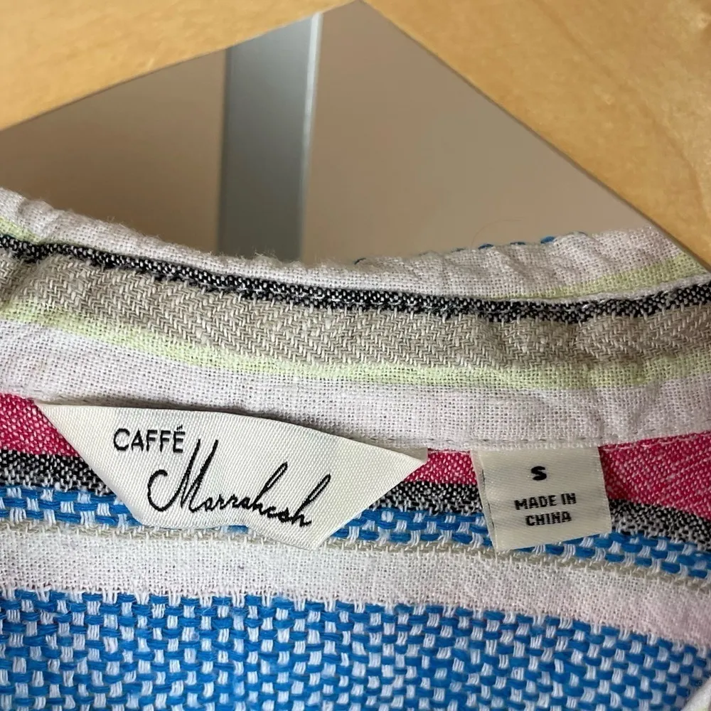 Caffe’ Marrakech Small Striped Linen Blend Short Sleeve Tie Waist Top Beachy Red - Image 4