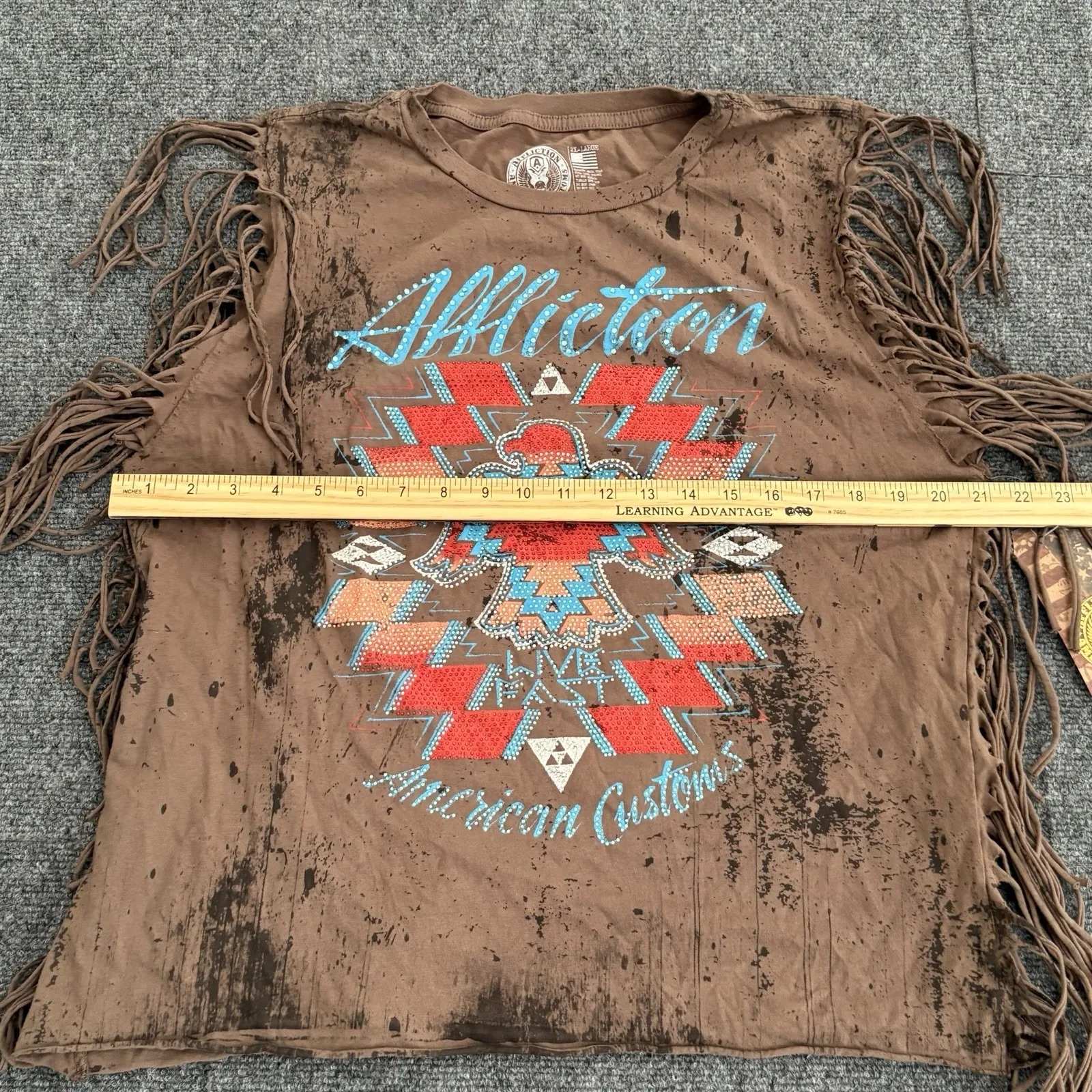 Affliction Women's AC Shaman Fringe‎ Muscle Tee Brown Sz 2XL Bedazzled Y2K Style - Image 9