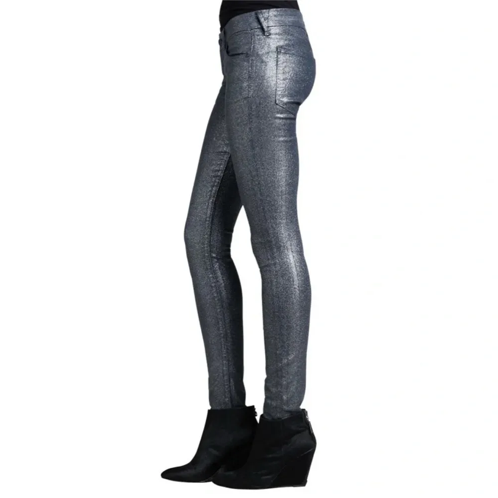 Mother The Looker Sparkle &Purr Glimmer Stone Blue Coated Skinny Jeans Sz 32 NEW Silver - Image 3