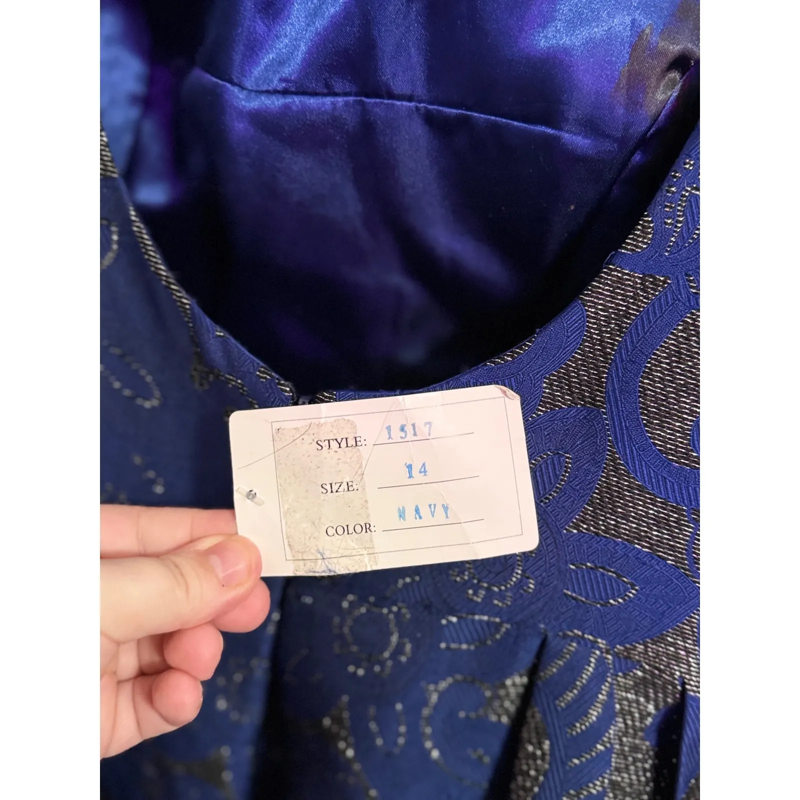 Allure Bridals Bridesmaids Navy Blue Brocade Fit Flare Pleated Dress Size 14 - Image 8