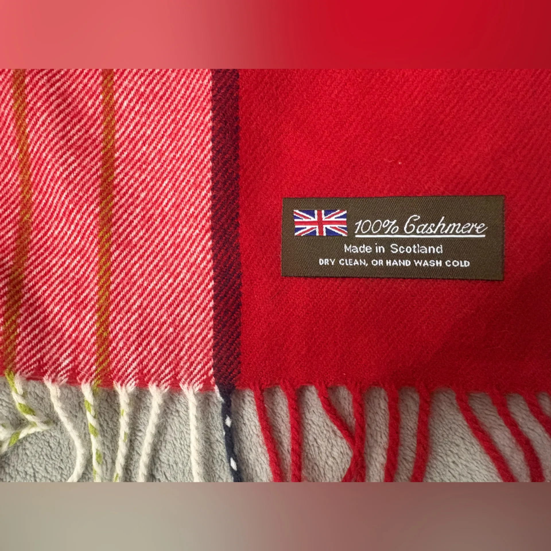 Red Plaid 100% Cashmere Scarf Made In Scotland 12 x 63 - Image 2