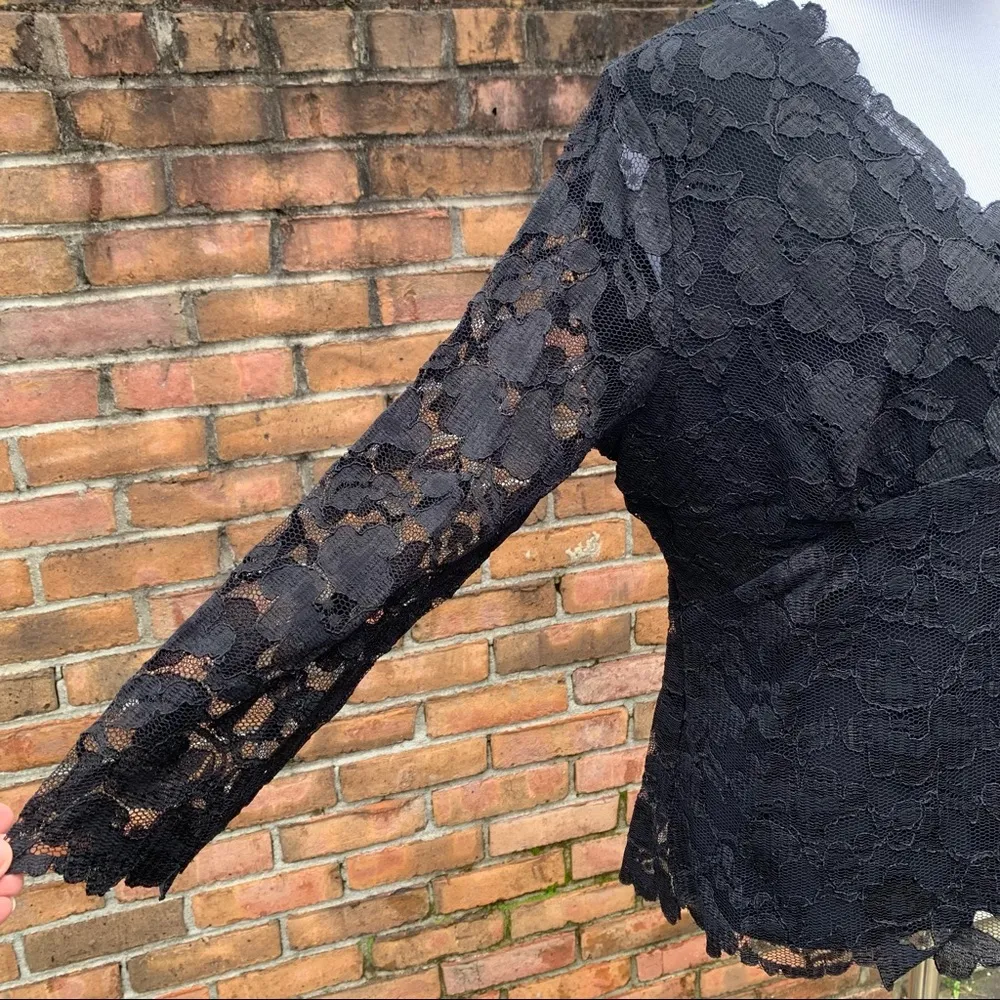 Vintage Parisian Signature Black Lace 3/4 Sleeve Blouse XL - Image 3
