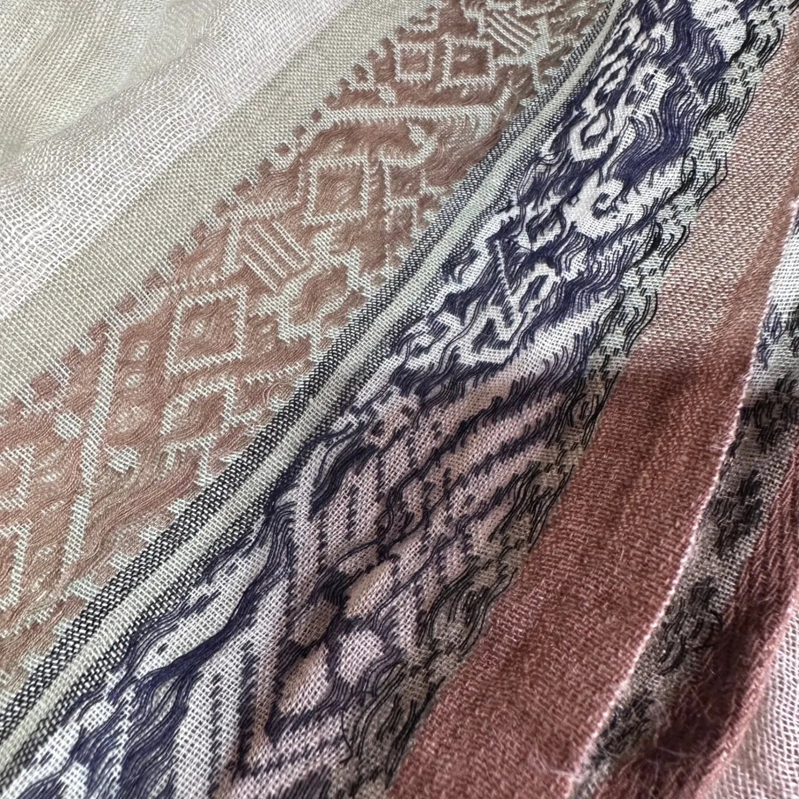 Linen Blend Cotton Scarf Boho Tribal Tassel Fringe Shawl Designed in France Tan - Image 7