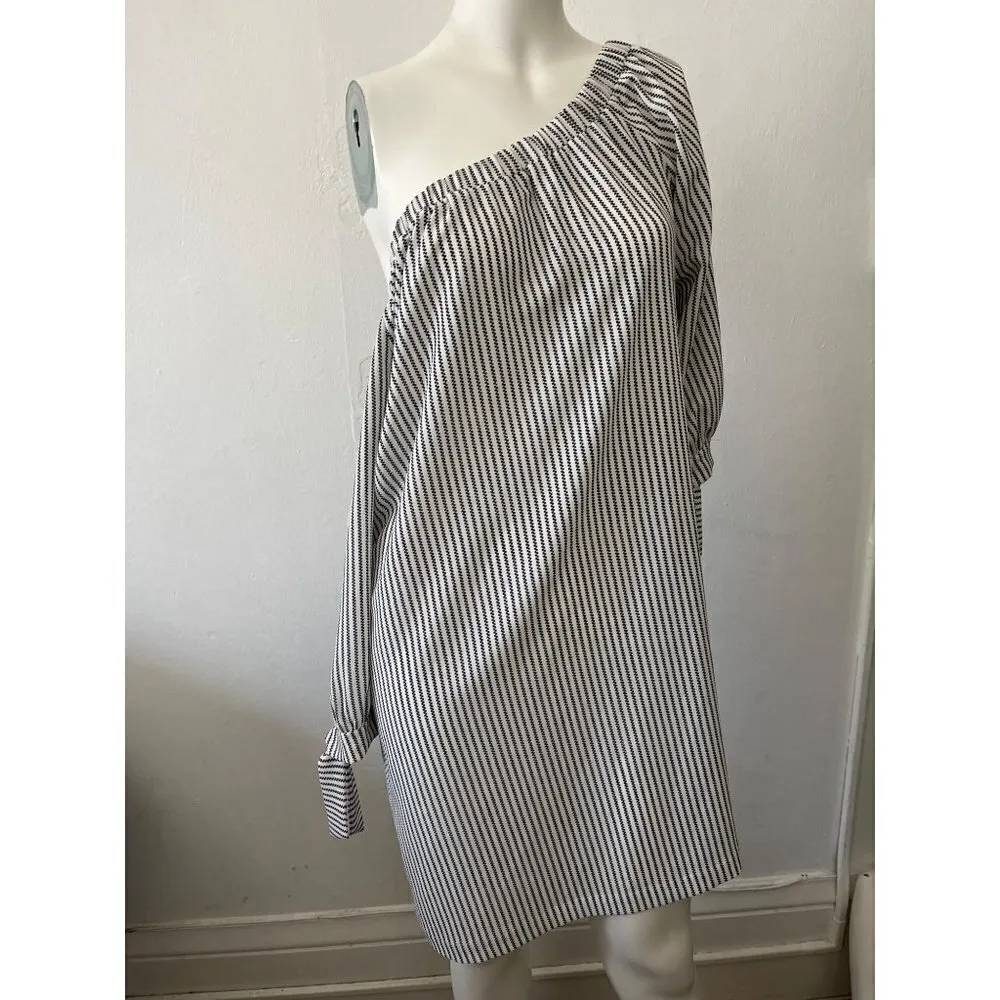 Veronica M On Off Shoulder Split Sleeve boho peasant silver stripe shift dress S - Image 4