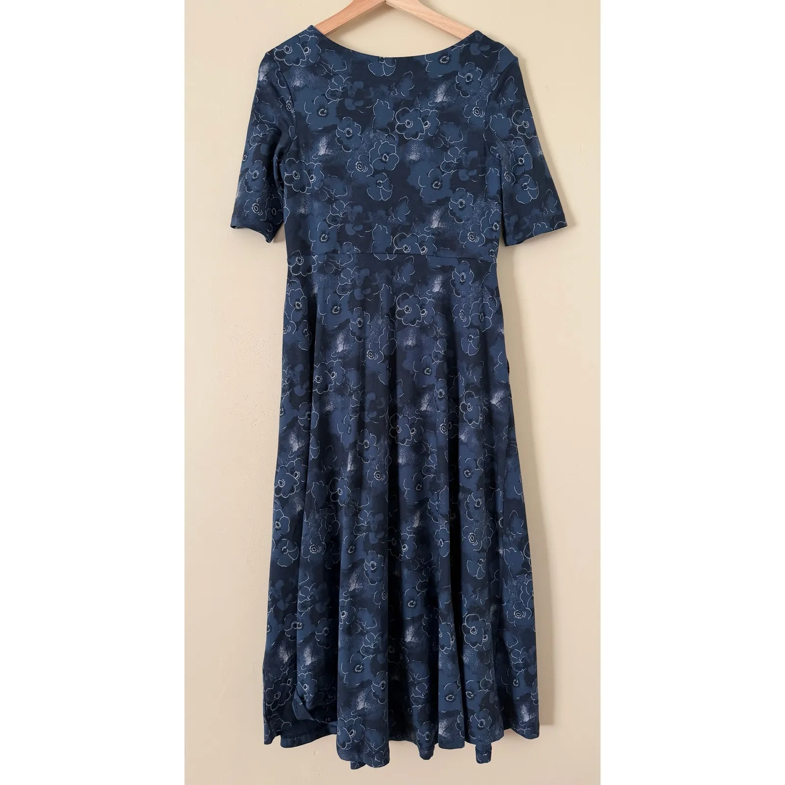 Pact Organic Dress Solstice Floral Blue Navy M Midi Cotton Fit Flare Scoop Neck - Image 7