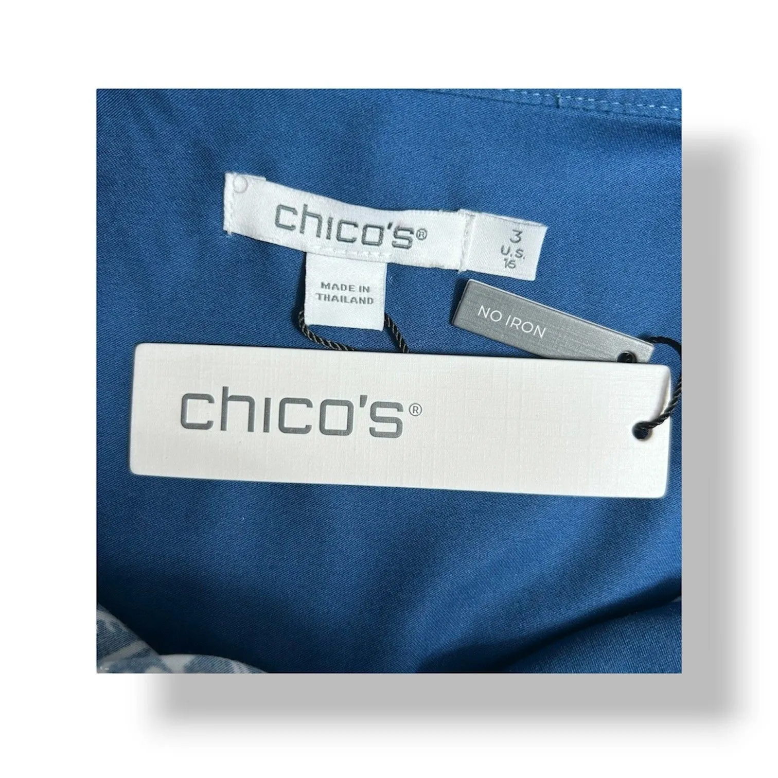 Chico’s Blue White Paisley No Iron Stretch 3/4 Sleeve Tunic Top Seaport 3 Sz XL - Image 6