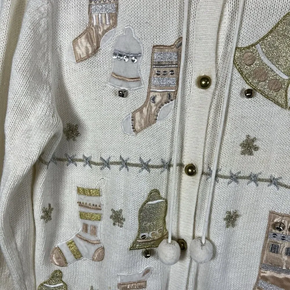 All Points Christmas Cardigan Bells Stockings Knit Cream Women’s Size Medium - Image 10