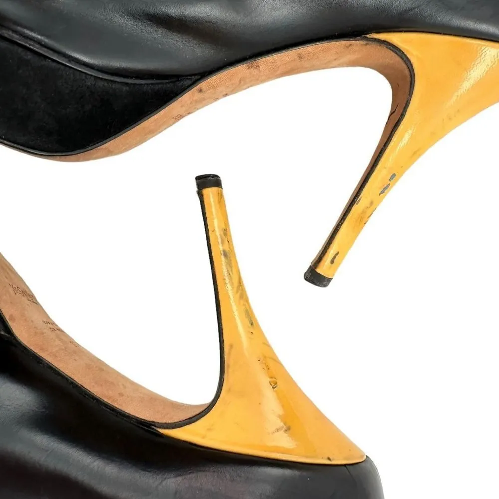 YSL Yves Saint Laurent Tribute Black & Yellow Mary Jane Peep Toe Heels Size 37.5 - Image 6