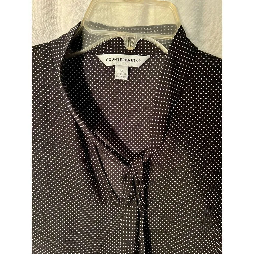 Counterparts Black White Polka Dot Blouse Top W Short Flutter Sleeve &Tie Size M - Image 4