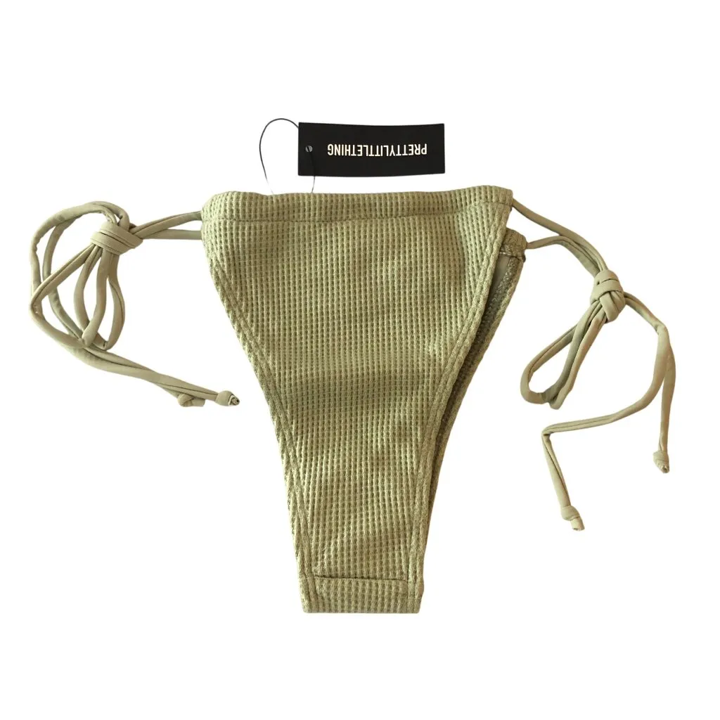 PrettyLittleThing Sage Green Ribbed Tie Side Bikini Bottoms Textured Cheeky US 4 - Image 4