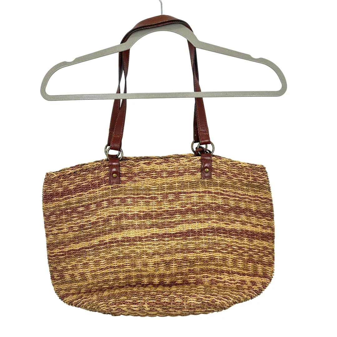 Lucky Brand Straw Tote Bag Brown Vegan Leather Trim Beach Summer Vacation - Image 2