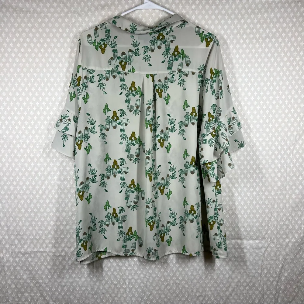 ModCloth Green Cactus Print Ruffle‎ Sleeve Button Up Top - Image 5