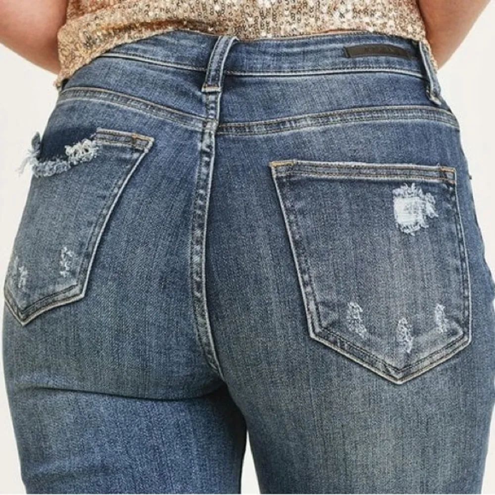 RISEN Jeans Women 25 size 1 Straight High Waisted Distressed Denim Ankle Cropped Blue - Image 4