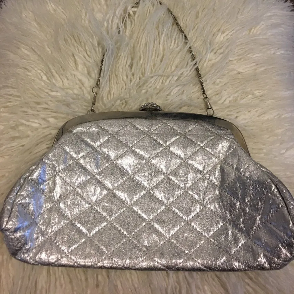 Faux Leather Silver Evening Clutch or Strap Bag Silver - Image 4