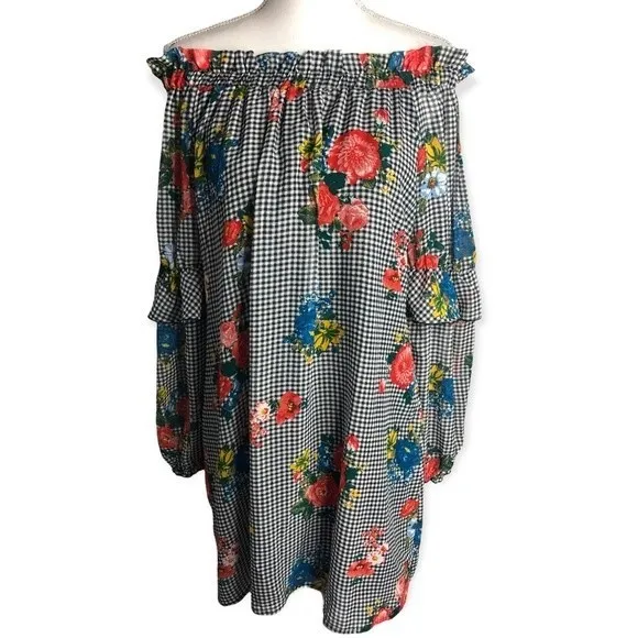 Eyeshadow Plaid Floral Long Sleeve Off-shoulder Ruffle Dress - Image 25