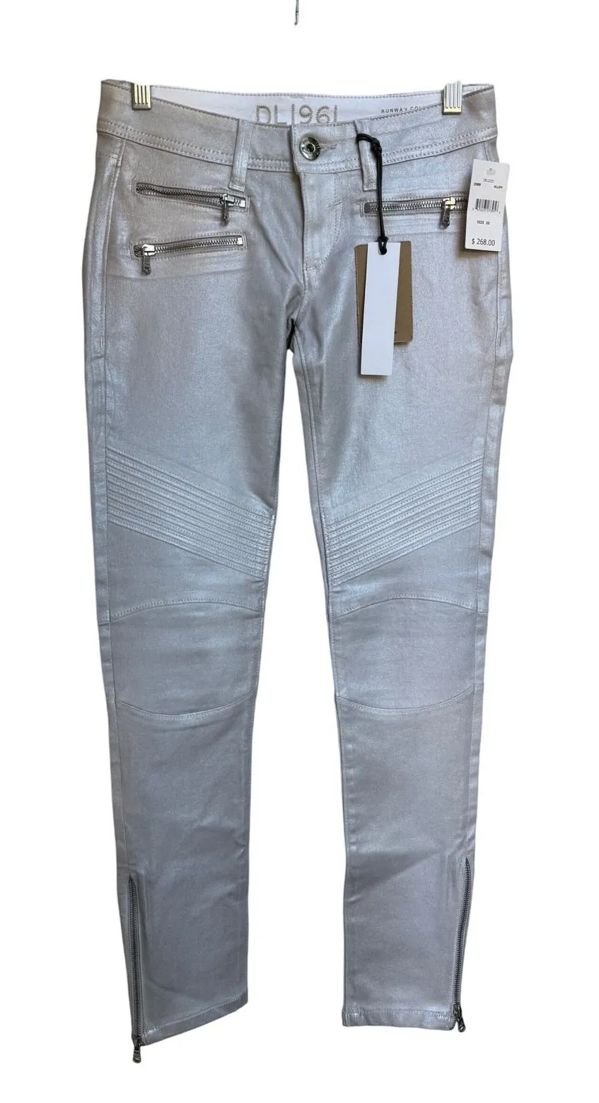 DL1961 Hazel Runway Collection Alloy Silver Metallic Skinny Biker Jeans Size 26 - Image 1