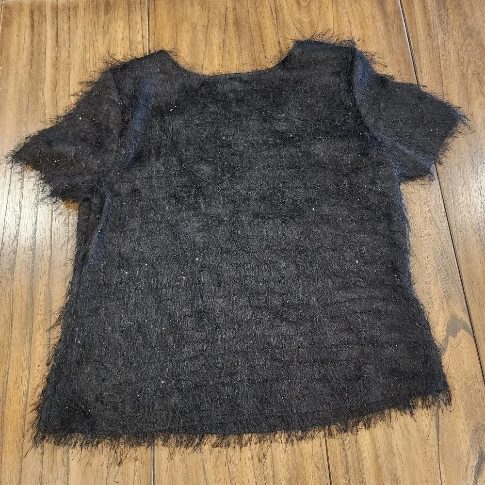 Vintage Russell Kemp Furry black shimmer short sleeve Party Event Top blouse Silver Size M - Image 6