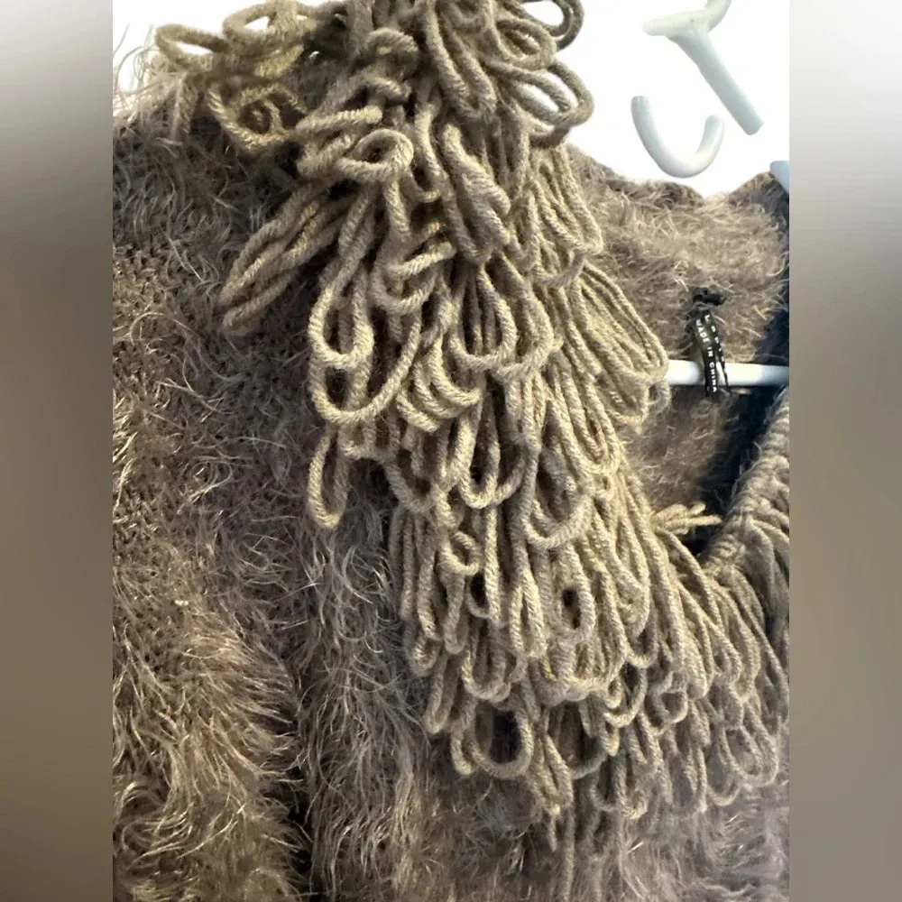 Lapis Brown Soft Stretchy Shaggy Hair Lion Neck & Cuffs Sweater - Image 3