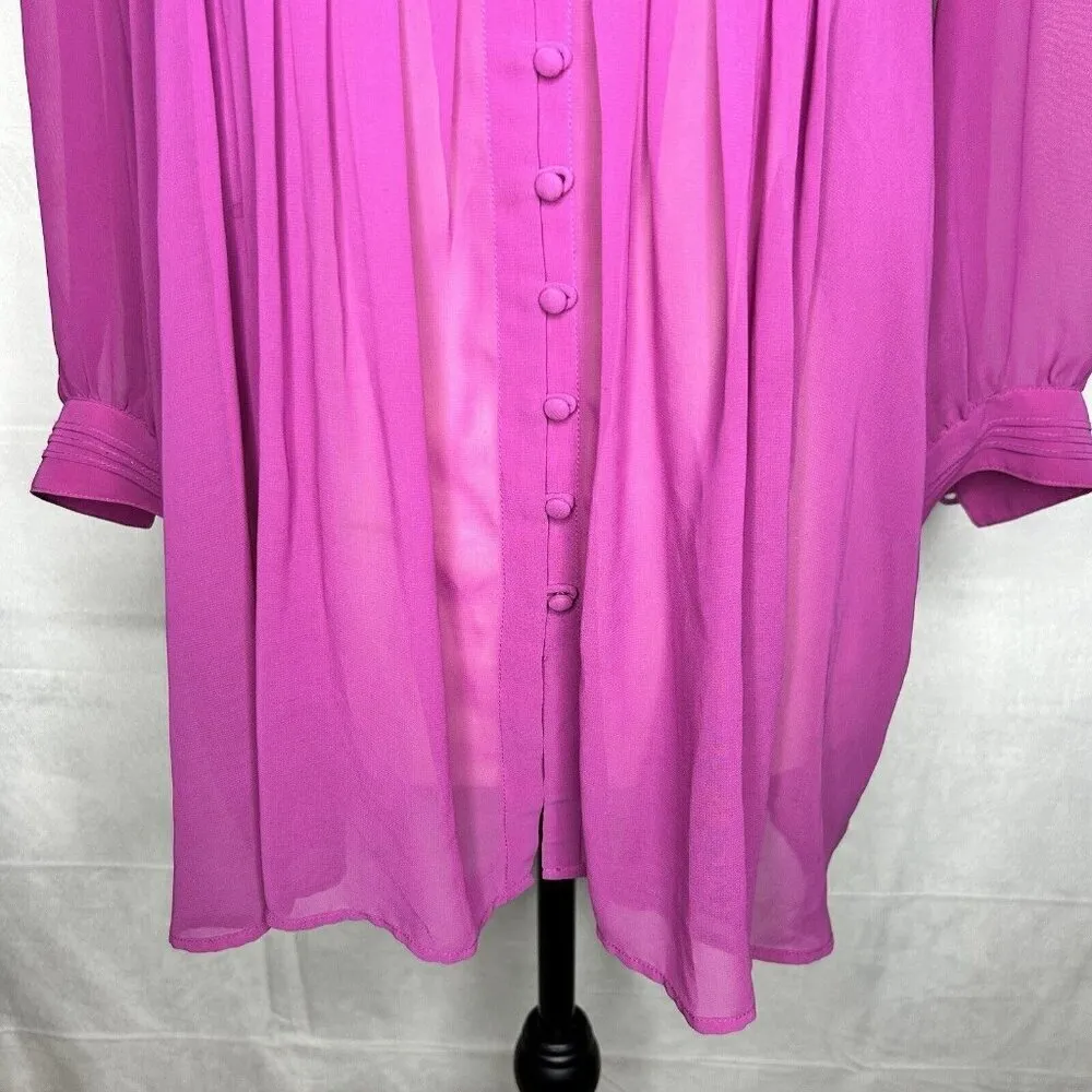 Joie Fuchsia Shear Pleated Blouse Size Small Long-Sleeve Button-Front V-Neck - Image 3