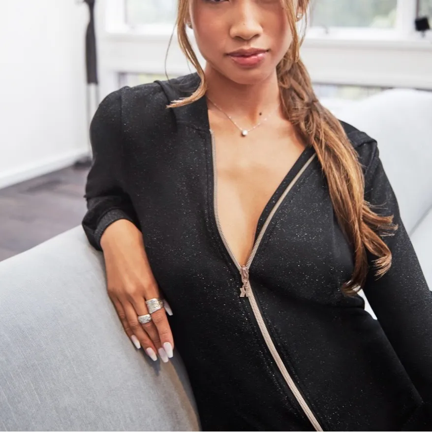 Savage X Fenty Sleep & Shine Hooded Onesie Black Lurex Zip Front NWOT Size Large - Image 2