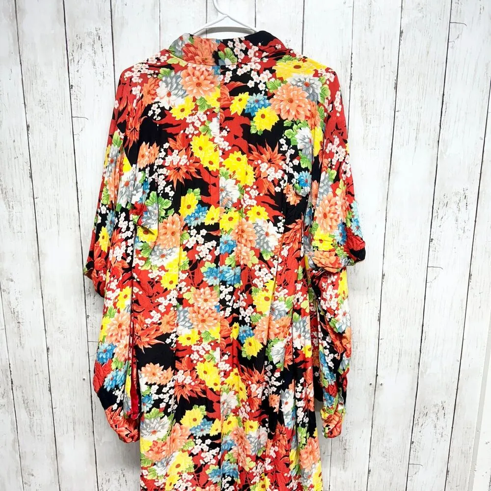 Handmade Vintage Kimono from 1970s Japan Orange Floral Boho High Low Maxi Style Red Size undefined - Image 4