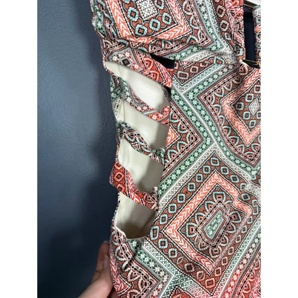 Leilani One Piece Swimsuit Women's Sz 14 Geometric Cutout Halter Boho Western Brown - Image 3