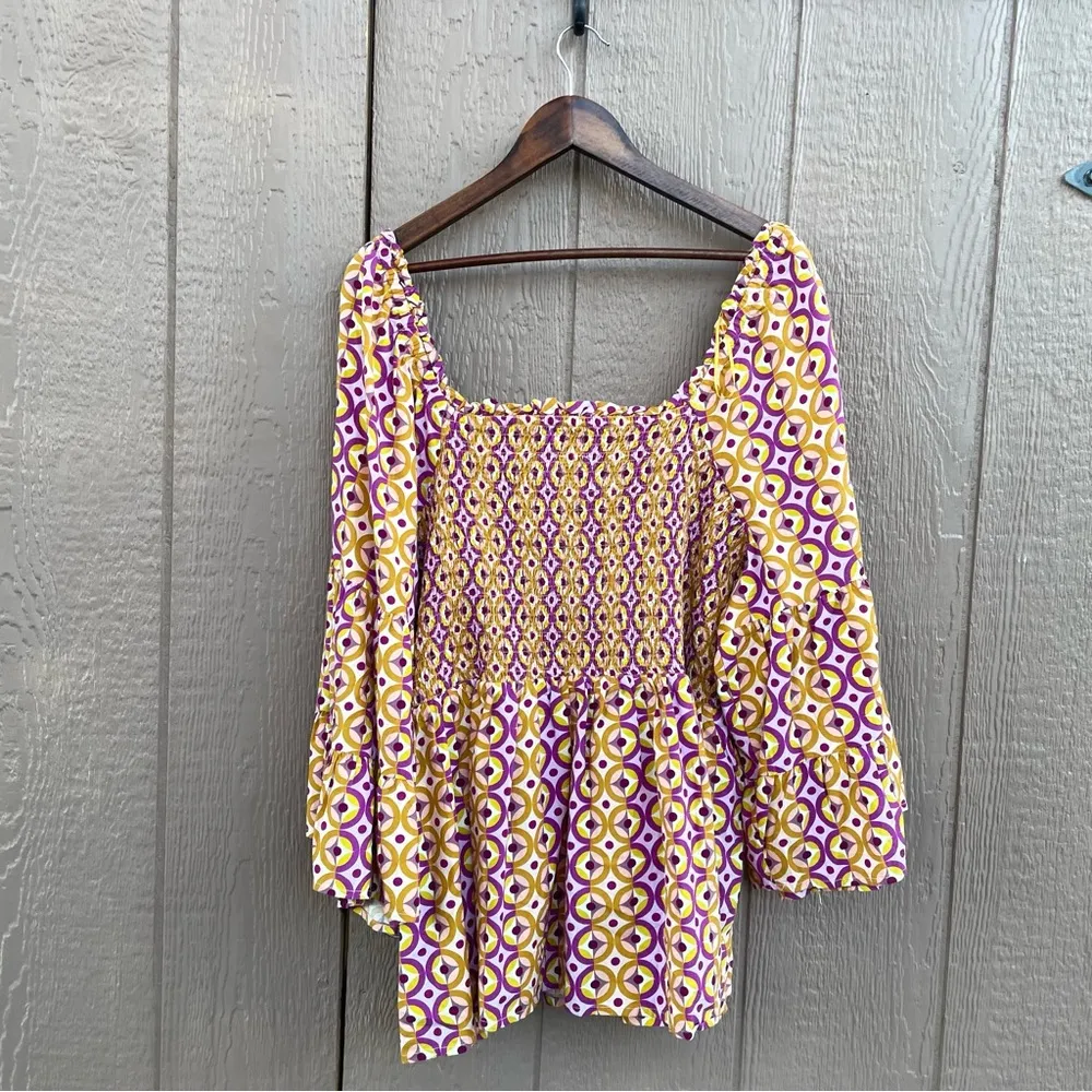 Terra and Sky Womens Shirt Blouse Purple Orange Geometric Smocked Plus Size 3X - Image 3