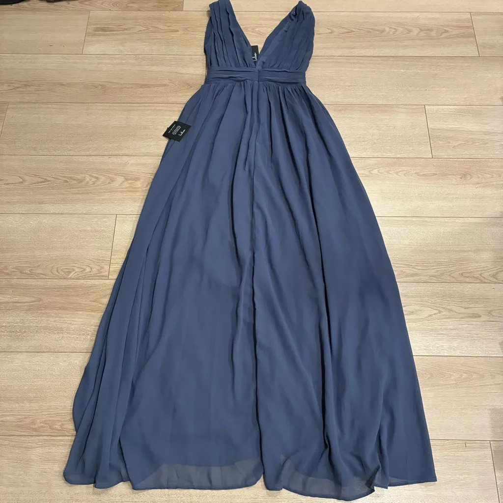 NWT Lulus Women’s Heavenly Hues Denim Blue Deep V-neck Maxi Dress Size XS - Image 4