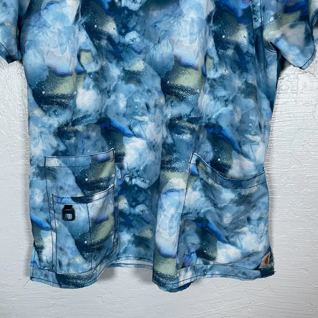 Carhartt Women L Blue Marble Scrub Top Force Cross-Flex Modern Fit V-Neck Pocket - Image 2