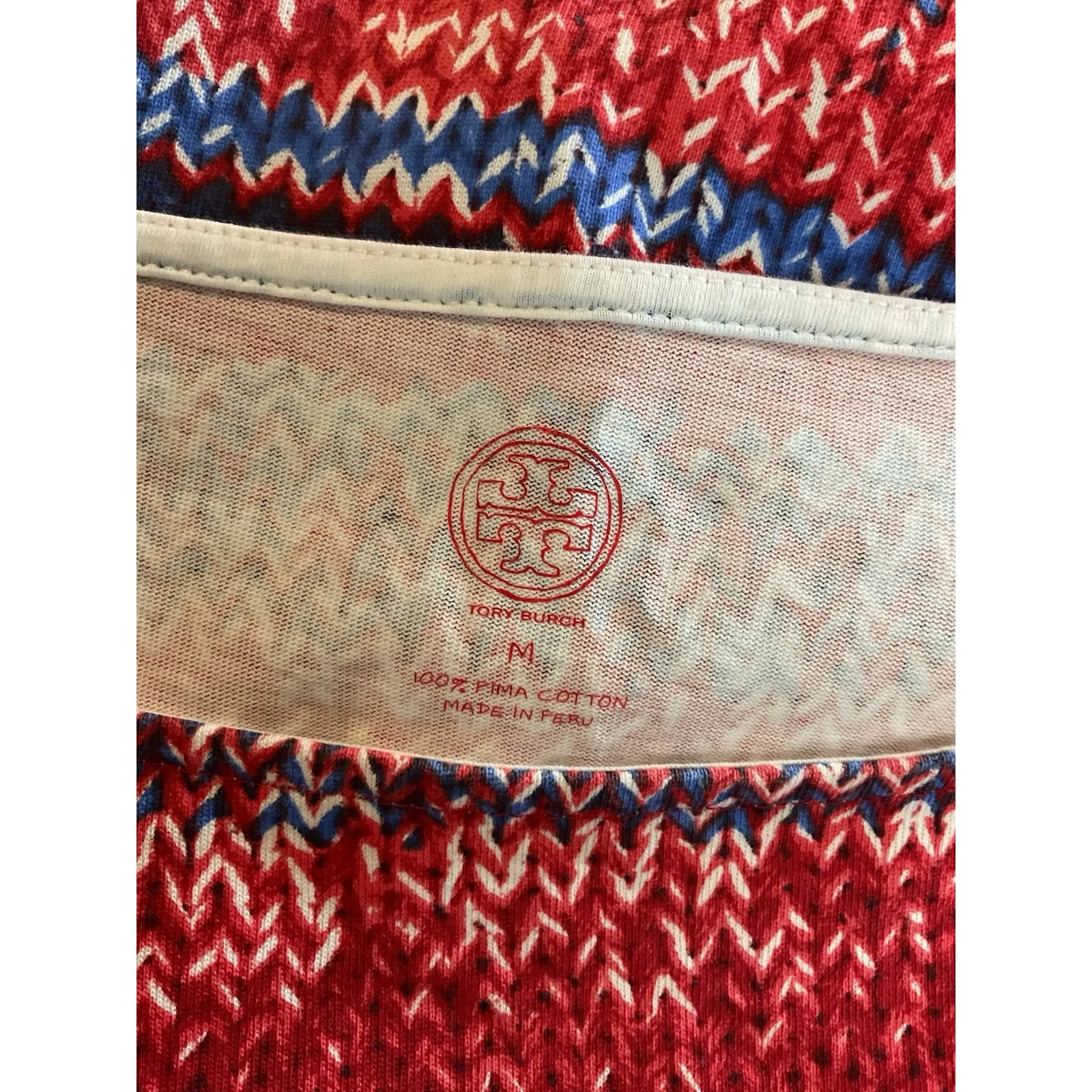 Tory Burch Pima Cotton Red Blue Yarn Print‎ Mini Short Sleeve Dress Size Large - Image 10