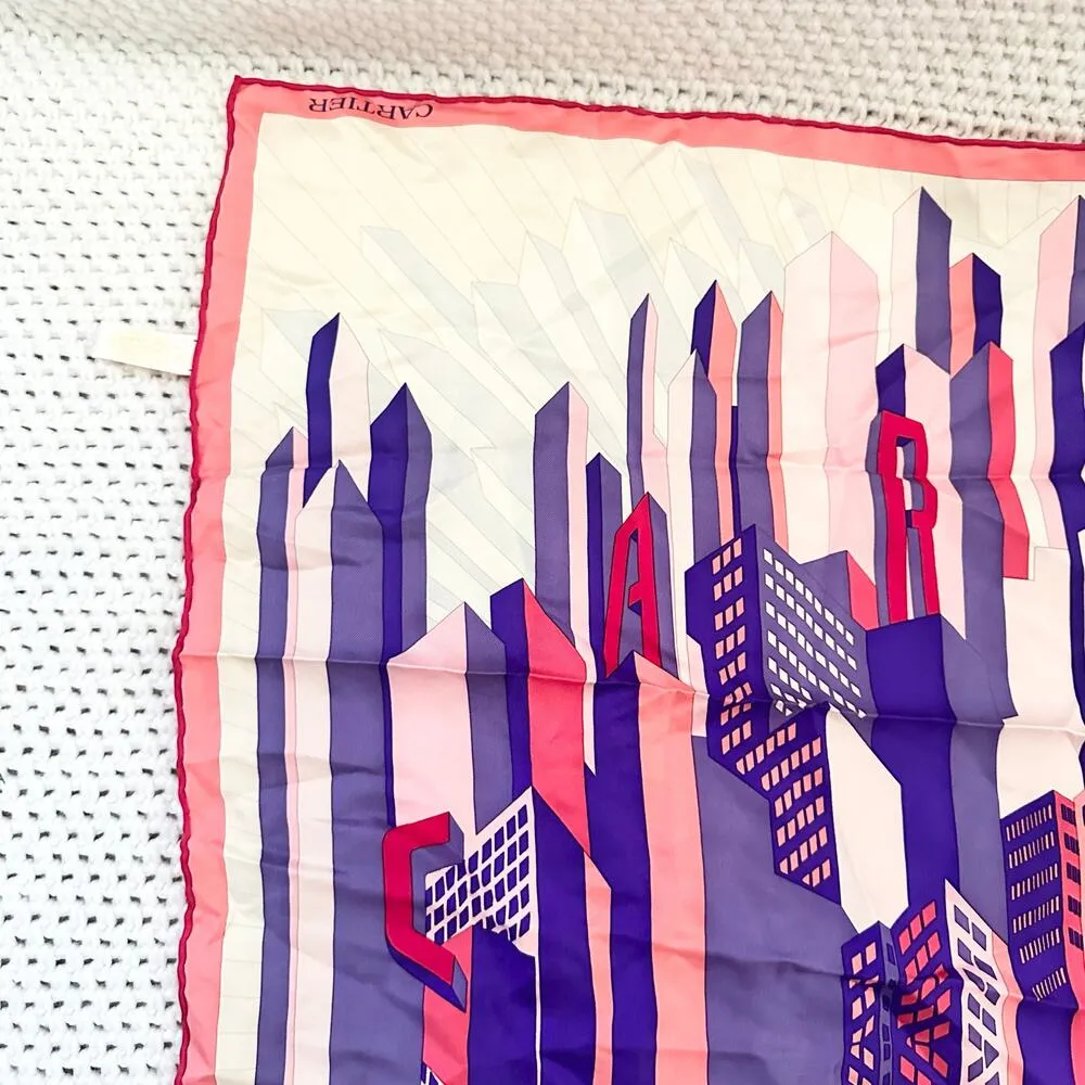 Cartier Pink Purple Ivory Geometric Skyline Cityscape Spellout Silk Square Scarf - Image 5