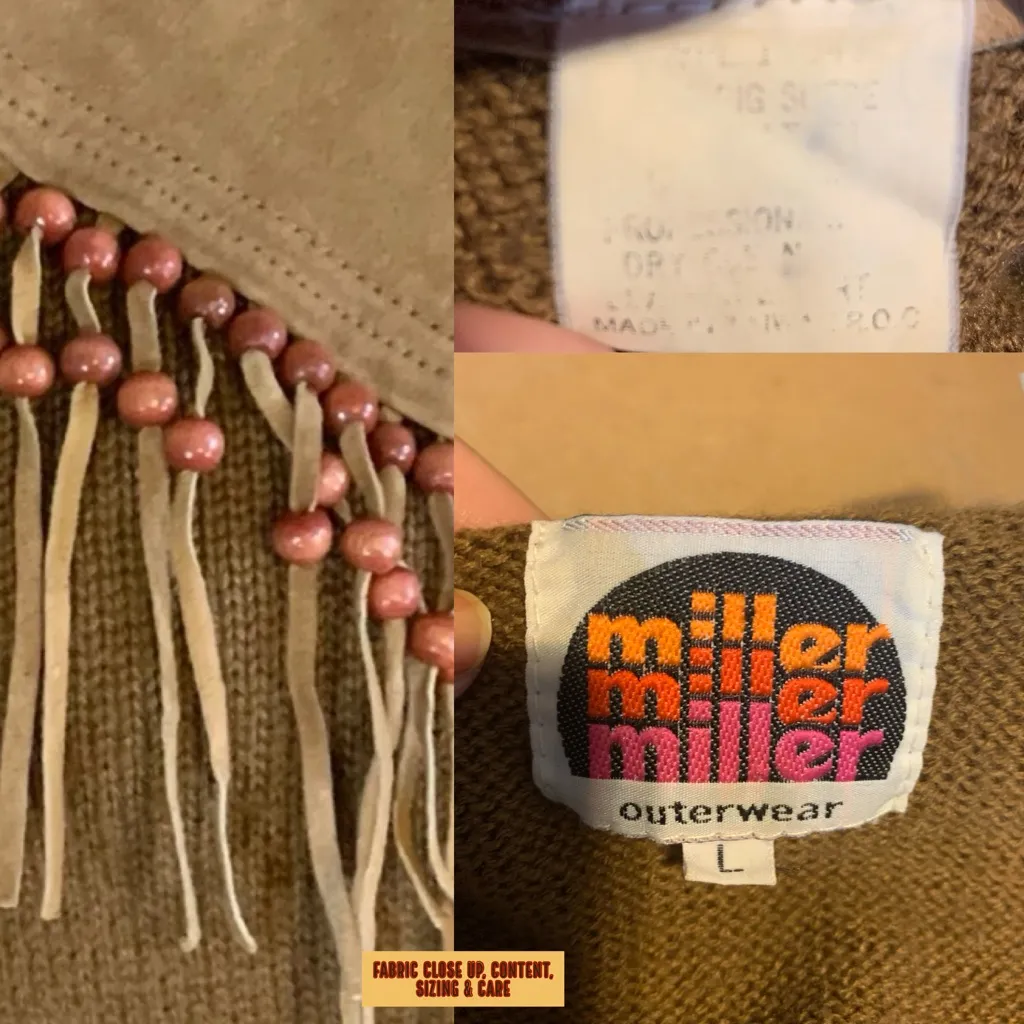 VINTAGE 1980'S MILLER MILLER MILLER BROWN KNIT SWEATER W/SUEDE & FRINGE (L) - Image 10