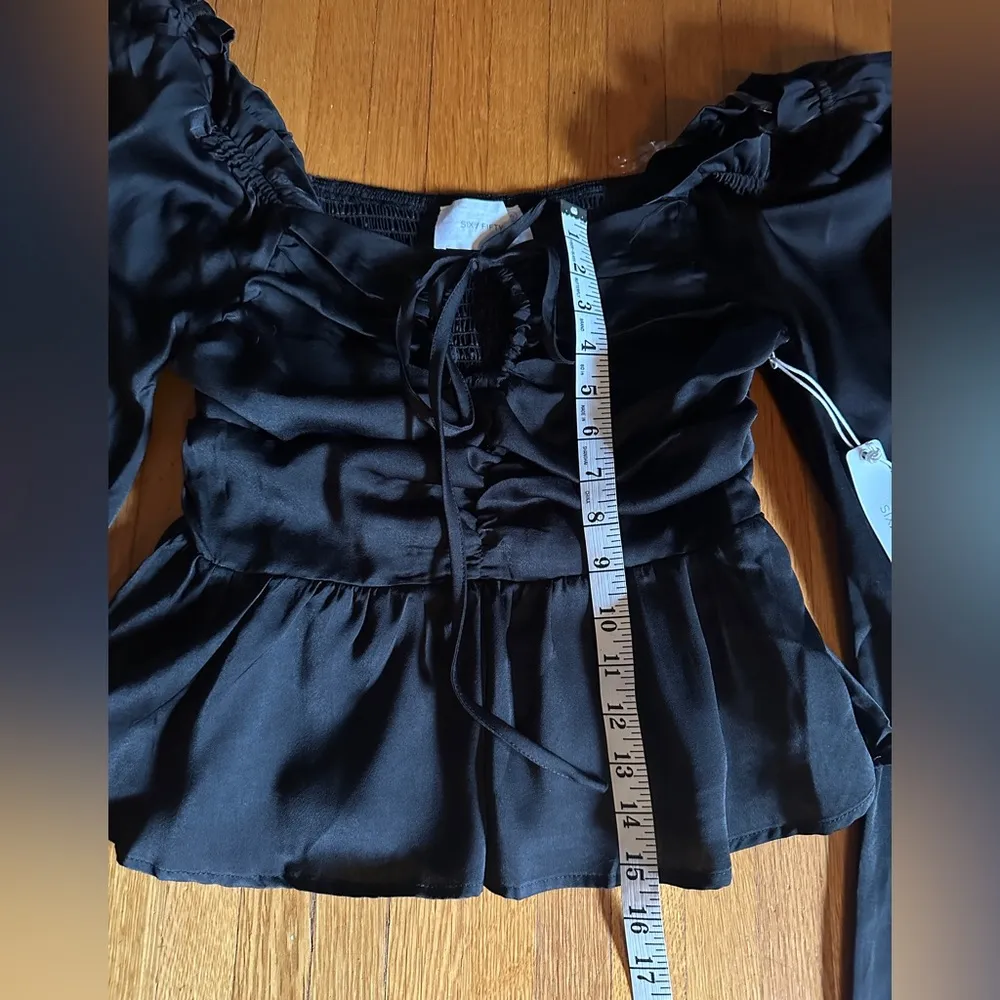 Six/Fifty Silky Black Milkmaid Top with Keyhole Bow and Ruffles, Size S, NWT - Image 2